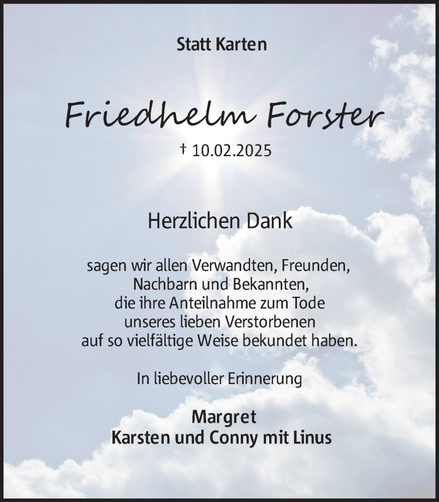  Traueranzeige für Friedhelm Forster vom 05.04.2025 aus Trauer Vest