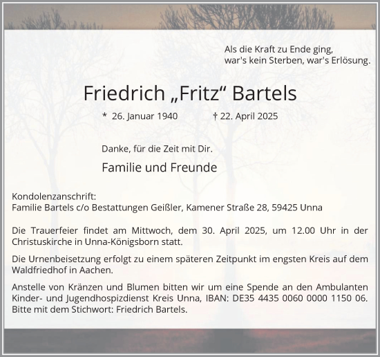 Traueranzeige von Friedrich Bartels von Hellweger Anzeiger