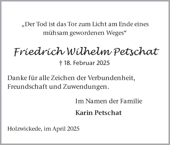 Traueranzeige von Friedrich  Petschat von Hellweger Anzeiger
