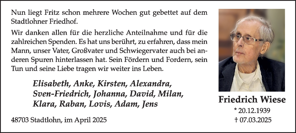  Traueranzeige für Friedrich Wiese vom 12.04.2025 aus Münsterland Zeitung