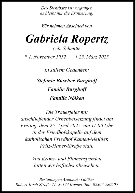 Traueranzeige von Gabriela Ropertz von Hellweger Anzeiger