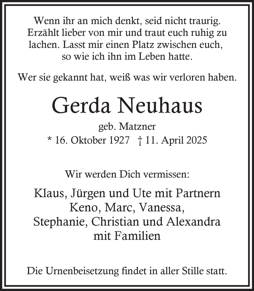  Traueranzeige für Gerda Neuhaus vom 12.04.2025 aus Hellweger Anzeiger