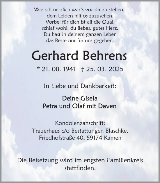 Traueranzeige von Gerhard Behrens von Hellweger Anzeiger