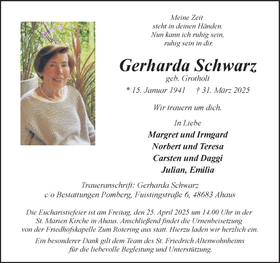 Traueranzeige von Gerharda Schwarz von Münsterland Zeitung