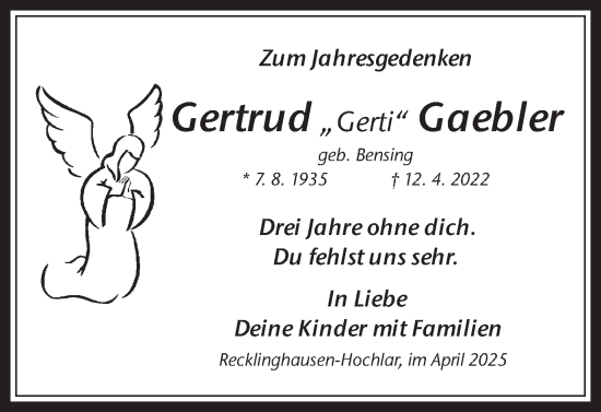Traueranzeige von Gertrud  Gaebler von Trauer Vest