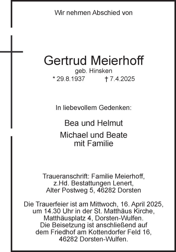  Traueranzeige für Gertrud Meierhoff vom 12.04.2025 aus Ruhr Nachrichten und Dorstener Zeitung