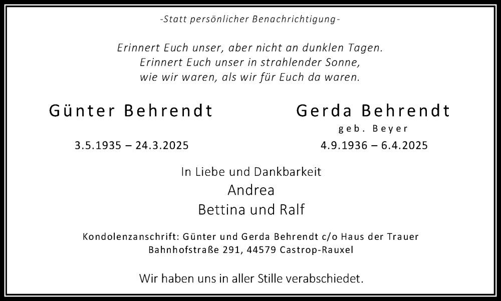  Traueranzeige für Günter Behrendt vom 12.04.2025 aus Stadtanzeiger Castrop-Rauxel
