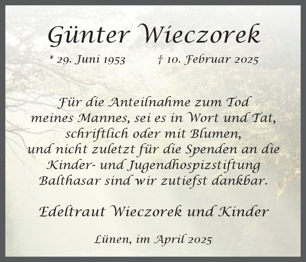  Traueranzeige für Günter Wieczorek vom 26.04.2025 aus Ruhr Nachrichten