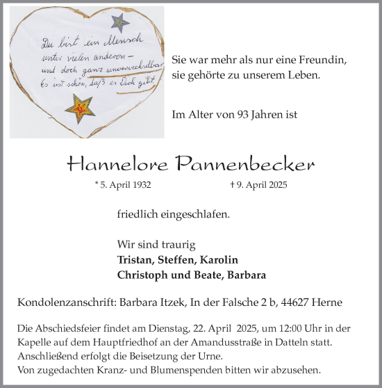 Traueranzeige von Hannelore Pannenbecker von Trauer Vest