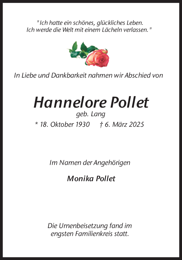  Traueranzeige für Hannelore Pollet vom 05.04.2025 aus Ruhr Nachrichten