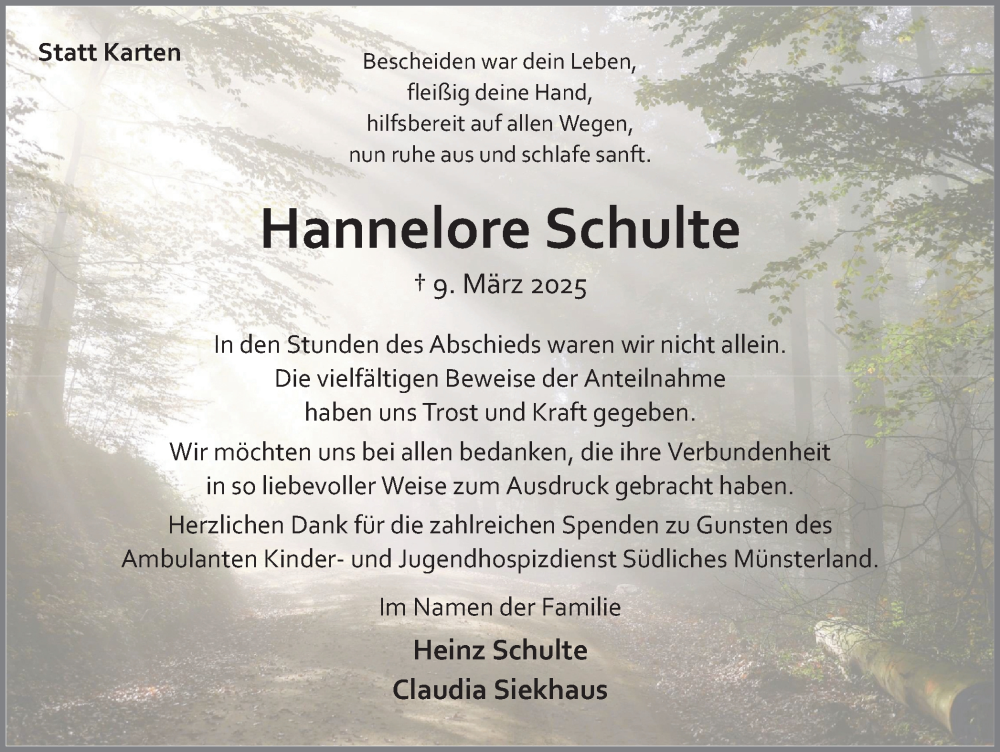  Traueranzeige für Hannelore Schulte vom 26.04.2025 aus Ruhr Nachrichten und Halterner Zeitung