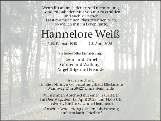 Traueranzeige von Hannelore Weiß von Hellweger Anzeiger