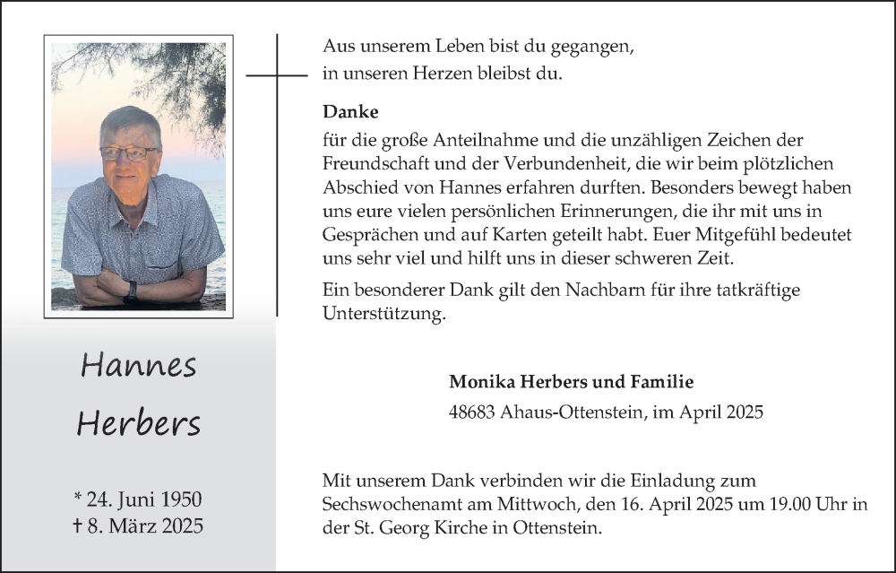  Traueranzeige für Hannes Herbers vom 09.04.2025 aus Münsterland Zeitung