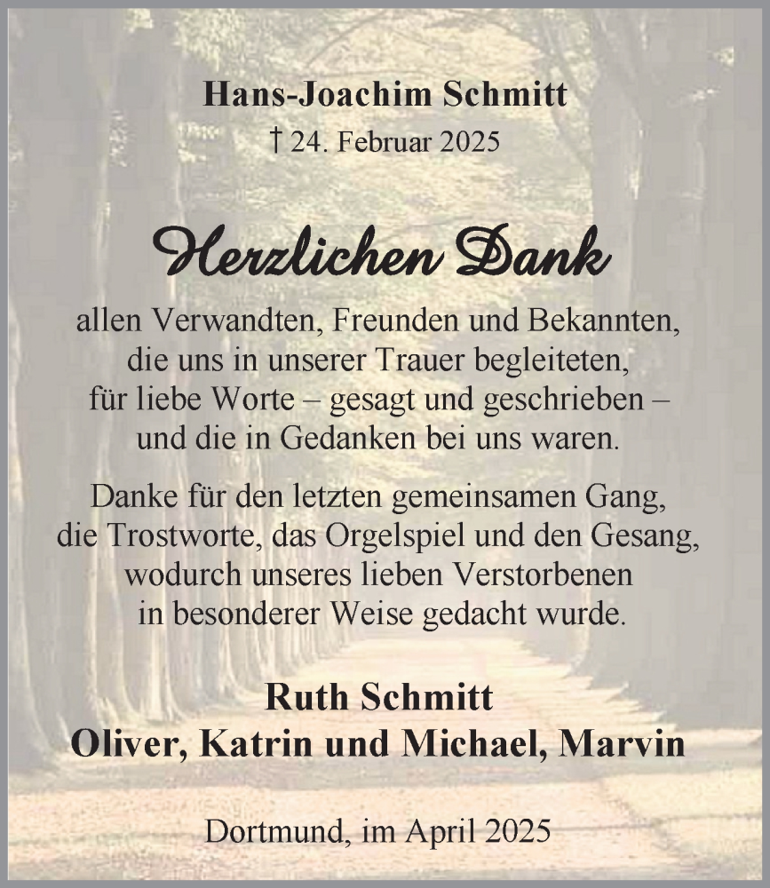  Traueranzeige für Hans-Joachim Schmitt vom 12.04.2025 aus Ruhr Nachrichten