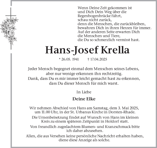 Traueranzeige von Hans-Josef Krella von Ruhr Nachrichten und Dorstener Zeitung