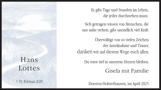 Traueranzeige von Hans Lottes von Ruhr Nachrichten und Dorstener Zeitung