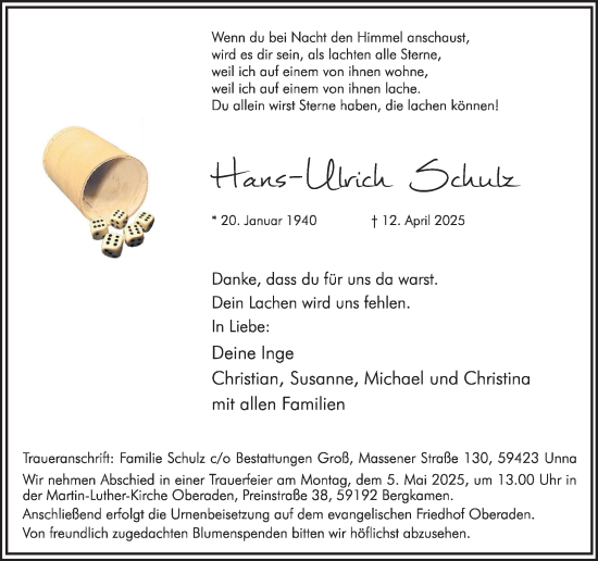 Traueranzeige von Hans-Ulrich Schulz von Hellweger Anzeiger