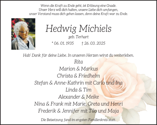 Traueranzeige von Hedwig Michiels 