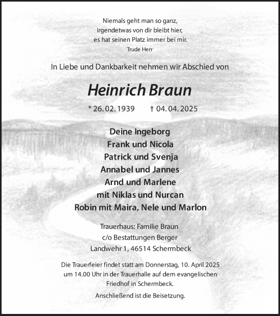 Traueranzeige von Heinrich Braun von Ruhr Nachrichten und Dorstener Zeitung