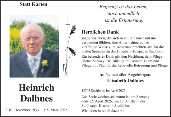 Traueranzeige von Heinrich Dalhues von Münsterland Zeitung