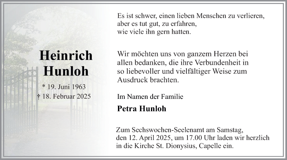  Traueranzeige für Heinrich Hunloh vom 05.04.2025 aus Ruhr Nachrichten