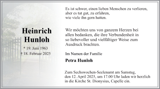 Traueranzeige von Heinrich Hunloh von Ruhr Nachrichten