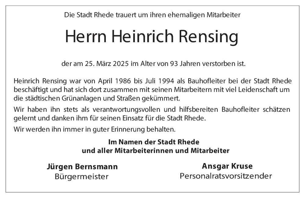  Traueranzeige für Heinrich Rensing vom 04.04.2025 aus 