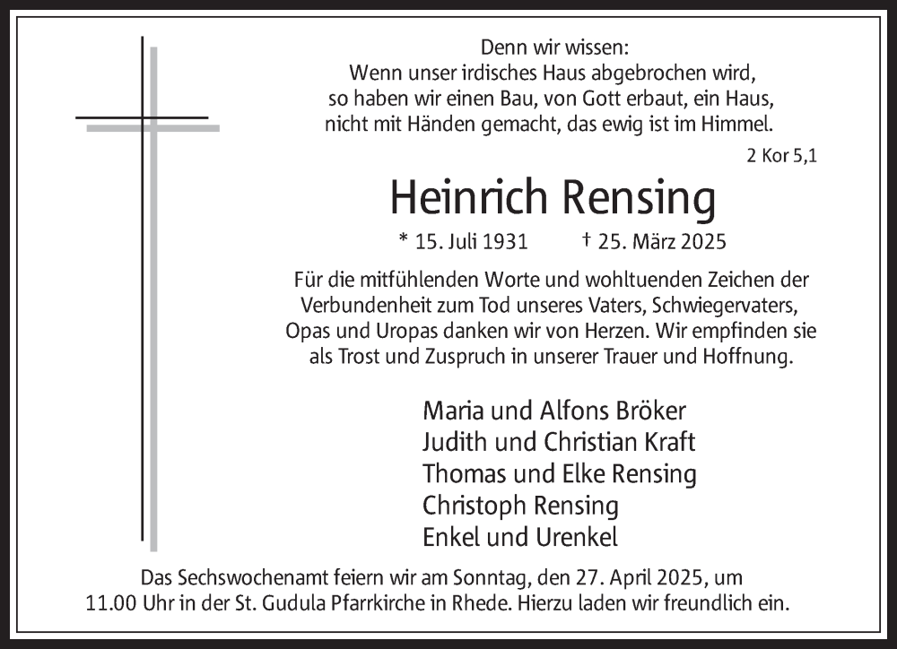  Traueranzeige für Heinrich Rensing vom 24.04.2025 aus 