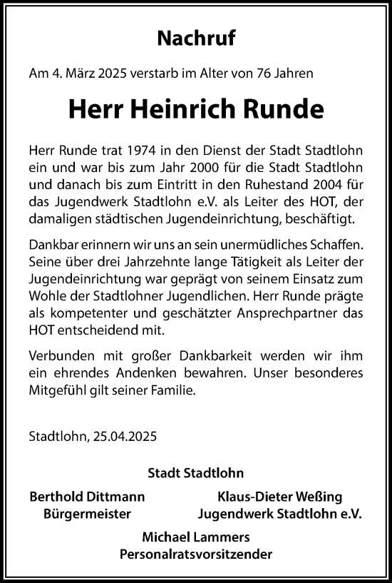 Traueranzeige von Heinrich Runde von Münsterland Zeitung