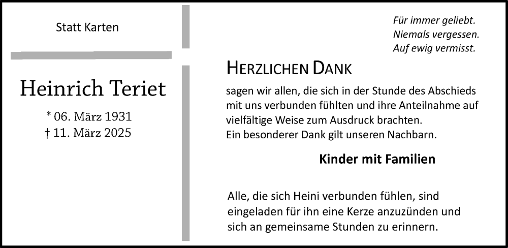  Traueranzeige für Heinrich Teriet vom 26.04.2025 aus Münsterland Zeitung