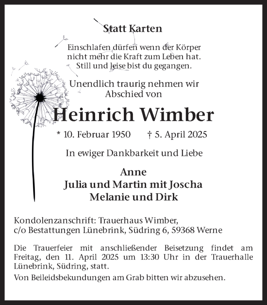 Traueranzeige von Heinrich Wimber von Ruhr Nachrichten
