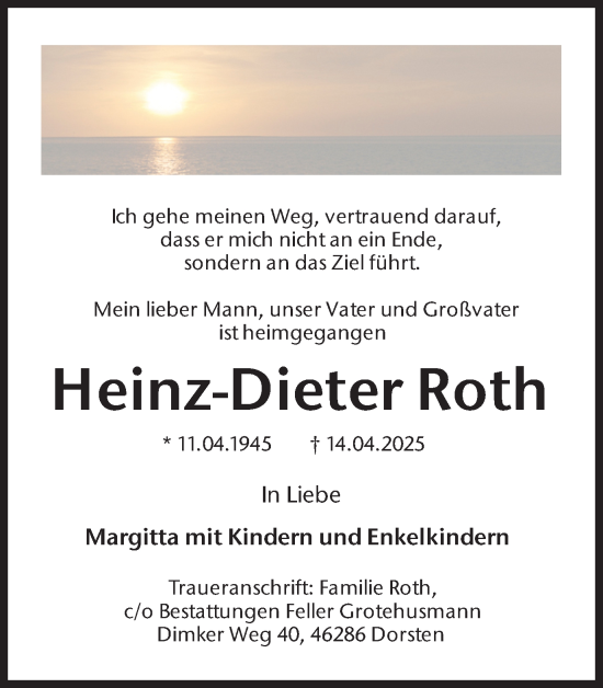 Traueranzeige von Heinz-Dieter Roth von Ruhr Nachrichten und Dorstener Zeitung