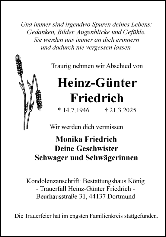 Traueranzeige von Heinz-Günter Friedrich von Ruhr Nachrichten