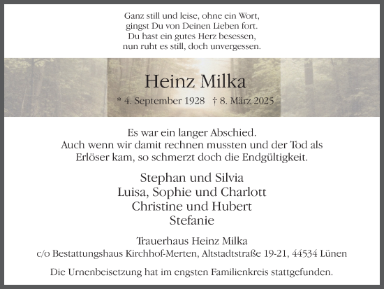 Traueranzeige von Heinz Milka von Ruhr Nachrichten