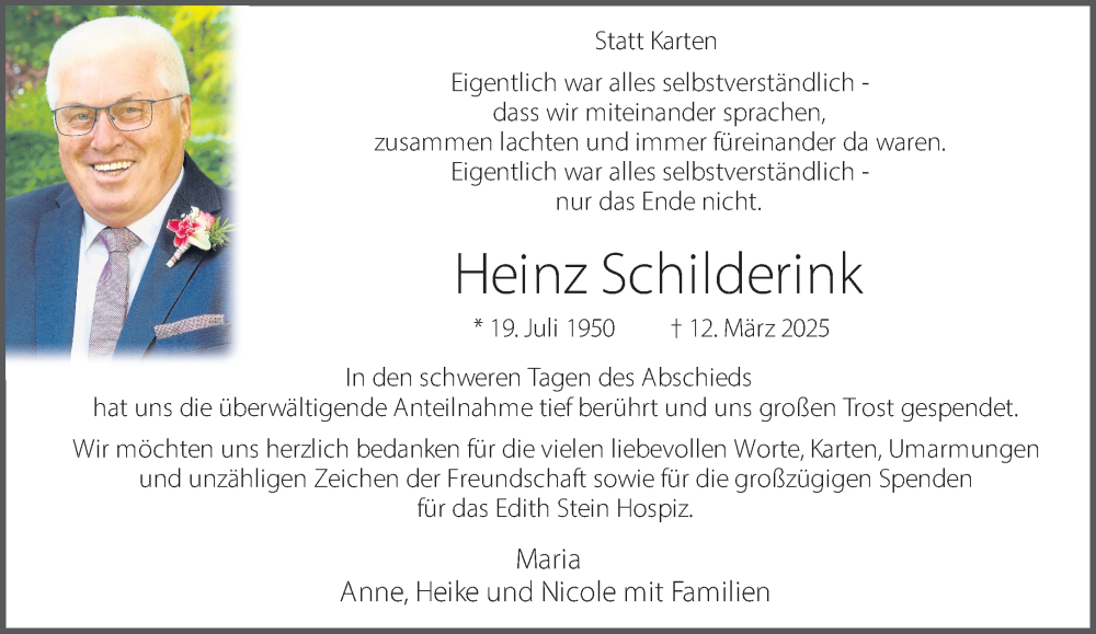  Traueranzeige für Heinz Schilderink vom 26.04.2025 aus 