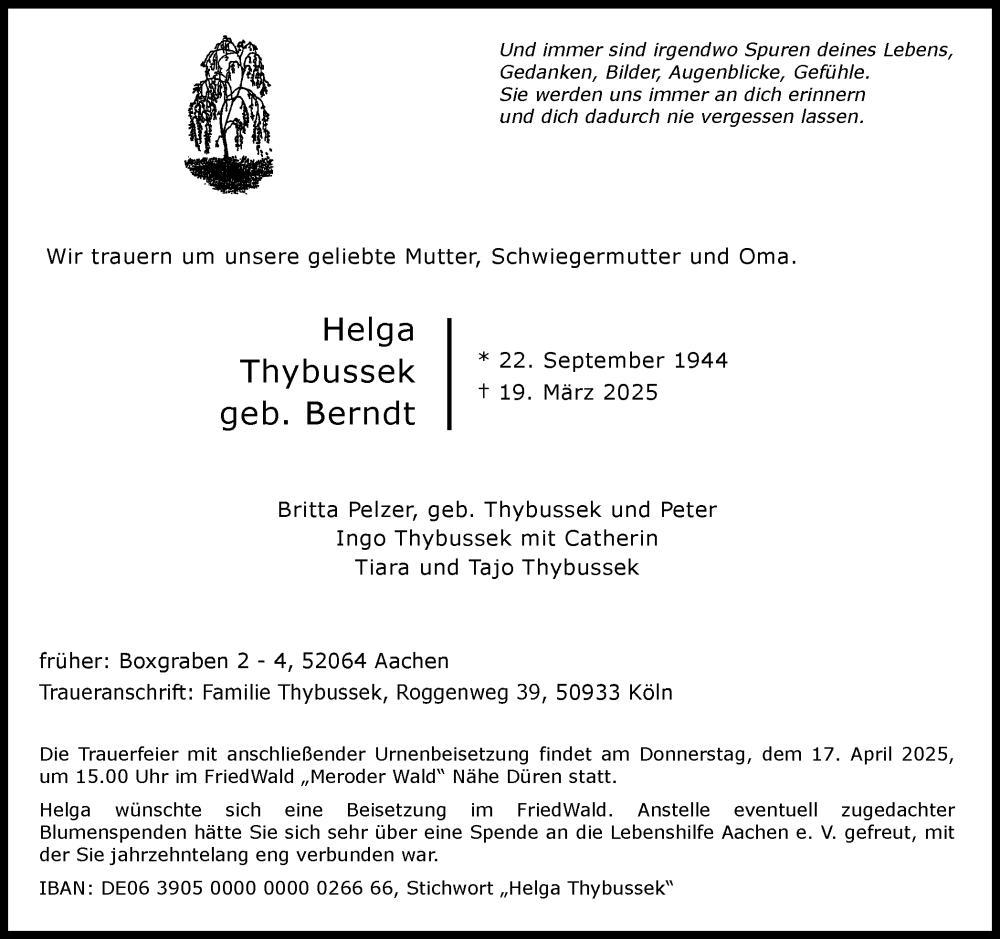  Traueranzeige für Helga Thybussek vom 05.04.2025 aus Ruhr Nachrichten und Dorstener Zeitung
