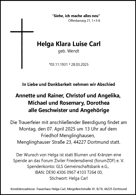 Traueranzeige von Helga Klara Luise Carl von Ruhr Nachrichten