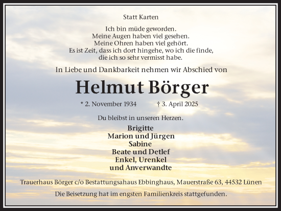 Traueranzeige von Helmut Börger von Ruhr Nachrichten