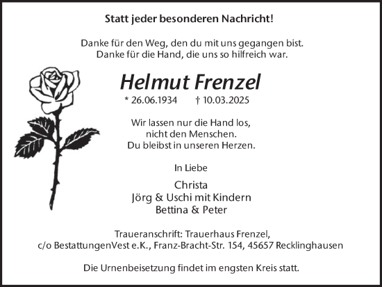 Traueranzeige von Helmut Frenzel von Trauer Vest