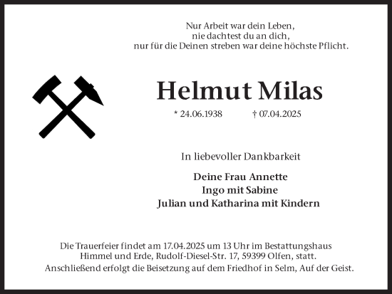 Traueranzeige von Helmut Milas