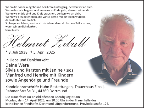 Traueranzeige von Helmut Ziball von Ruhr Nachrichten