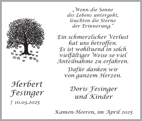 Traueranzeige von Herbert Fesinger von Hellweger Anzeiger