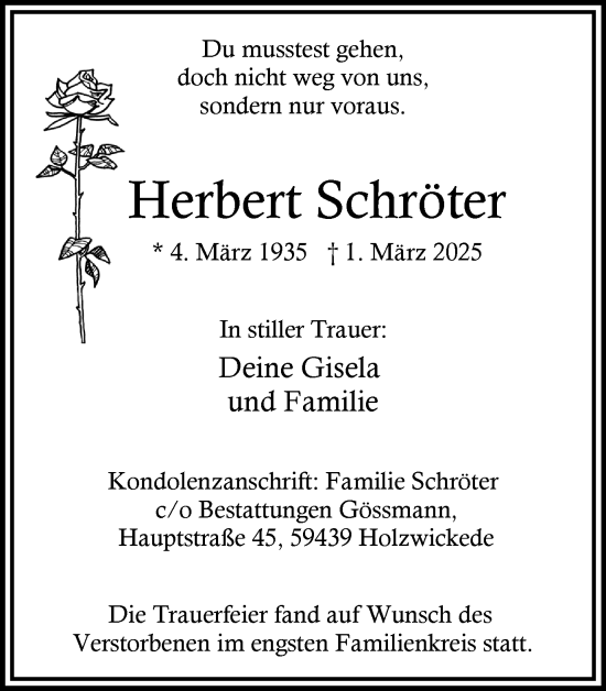 Traueranzeige von Herbert Schröter von Hellweger Anzeiger