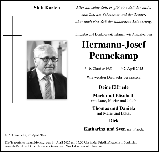 Traueranzeige von Hermann-Josef Pennekamp von Münsterland Zeitung