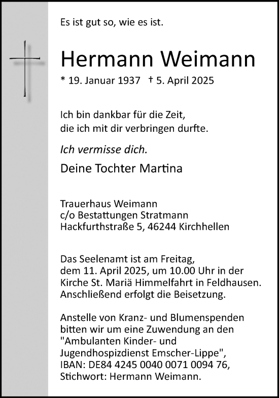 Traueranzeige von Hermann Weimann von Ruhr Nachrichten und Dorstener Zeitung