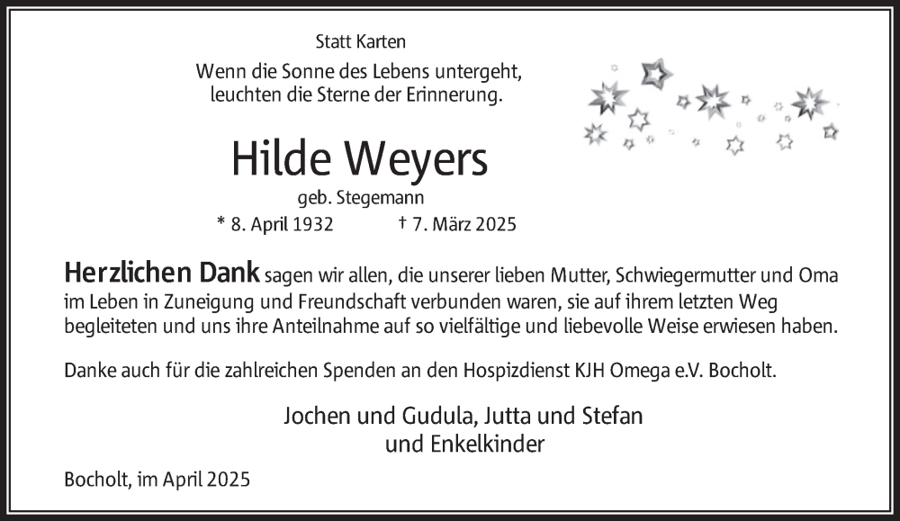  Traueranzeige für Hilde Weyers vom 10.04.2025 aus 