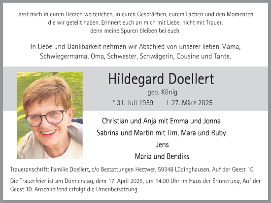 Traueranzeige von Hildegard Doellert von Trauer Vest