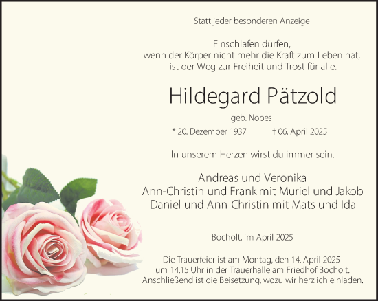 Traueranzeige von Hildegard Pätzold 