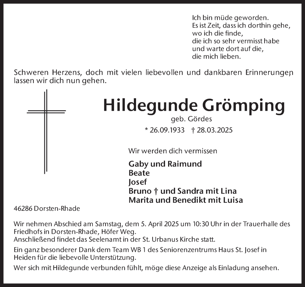  Traueranzeige für Hildegunde Grömping vom 02.04.2025 aus Ruhr Nachrichten und Dorstener Zeitung