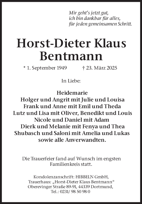 Traueranzeige von Horst-Dieter  Bentmann von Ruhr Nachrichten